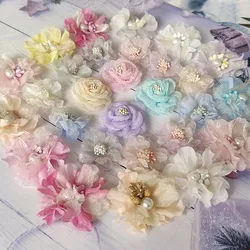 5PCS/Lot Organza Chiffon Fabric Cored Artificial Rose Flower For Wedding Dress Hats Decoration Hairclip DIY Sewing Applique