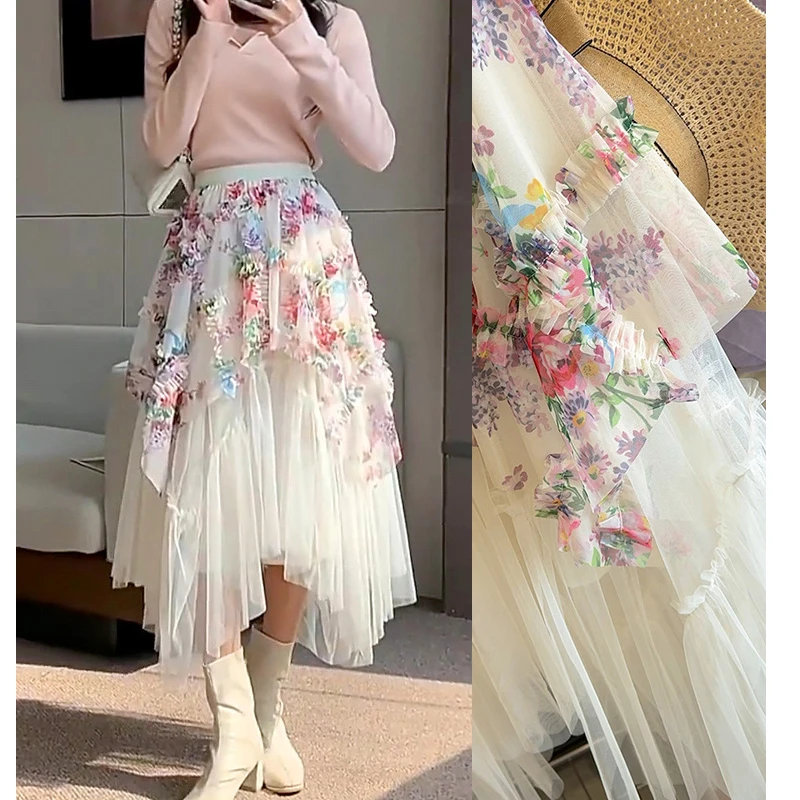 Frauen Sommer Mesh Lange Röcke Hohe Taille Blume Drucken Patchwork Boho Rock Unregelmäßigen Saum Röcke Faldas Femme Streetwear