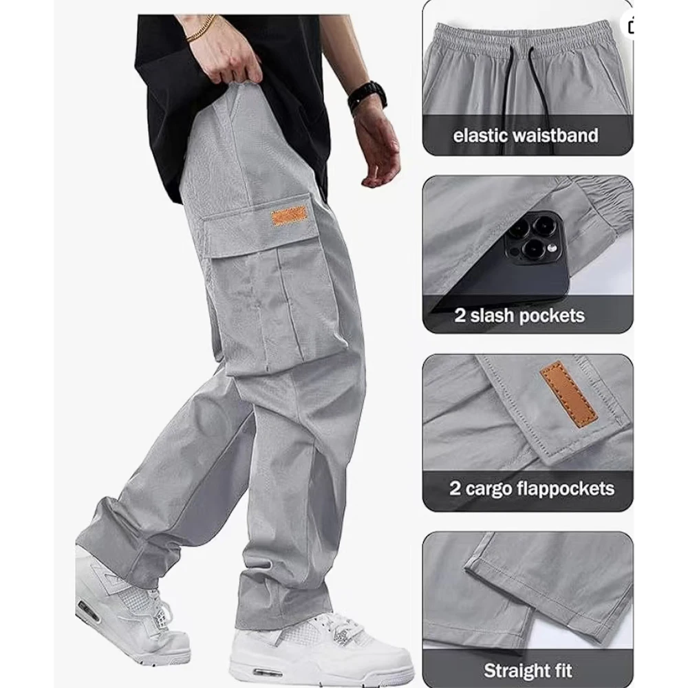 

Summer street workwear men's wide straight leg pants with multiple pockets at the bottom, breathable high waisted running pants