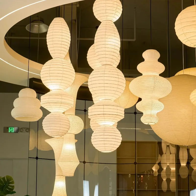 Japanese Zen Stacked Paper Lantern Chandelier, Handmade Mulberry Paper Bamboo Frame Light Emitting Diode Light Ori Lantern