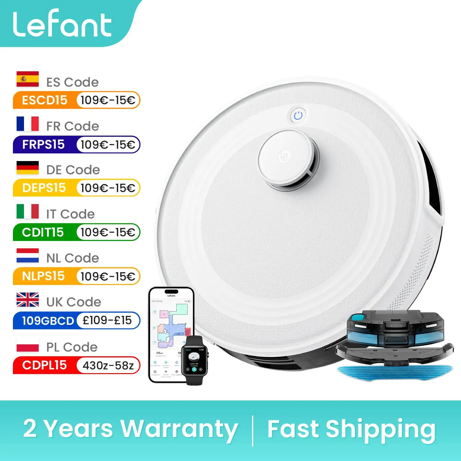 LEFANT M2 Robot Vacuum Cleaner with Mop, 5500Pa Suction,Laser Navigation dToF,  Selected Area Cleaning, Ideal for Pet Hair