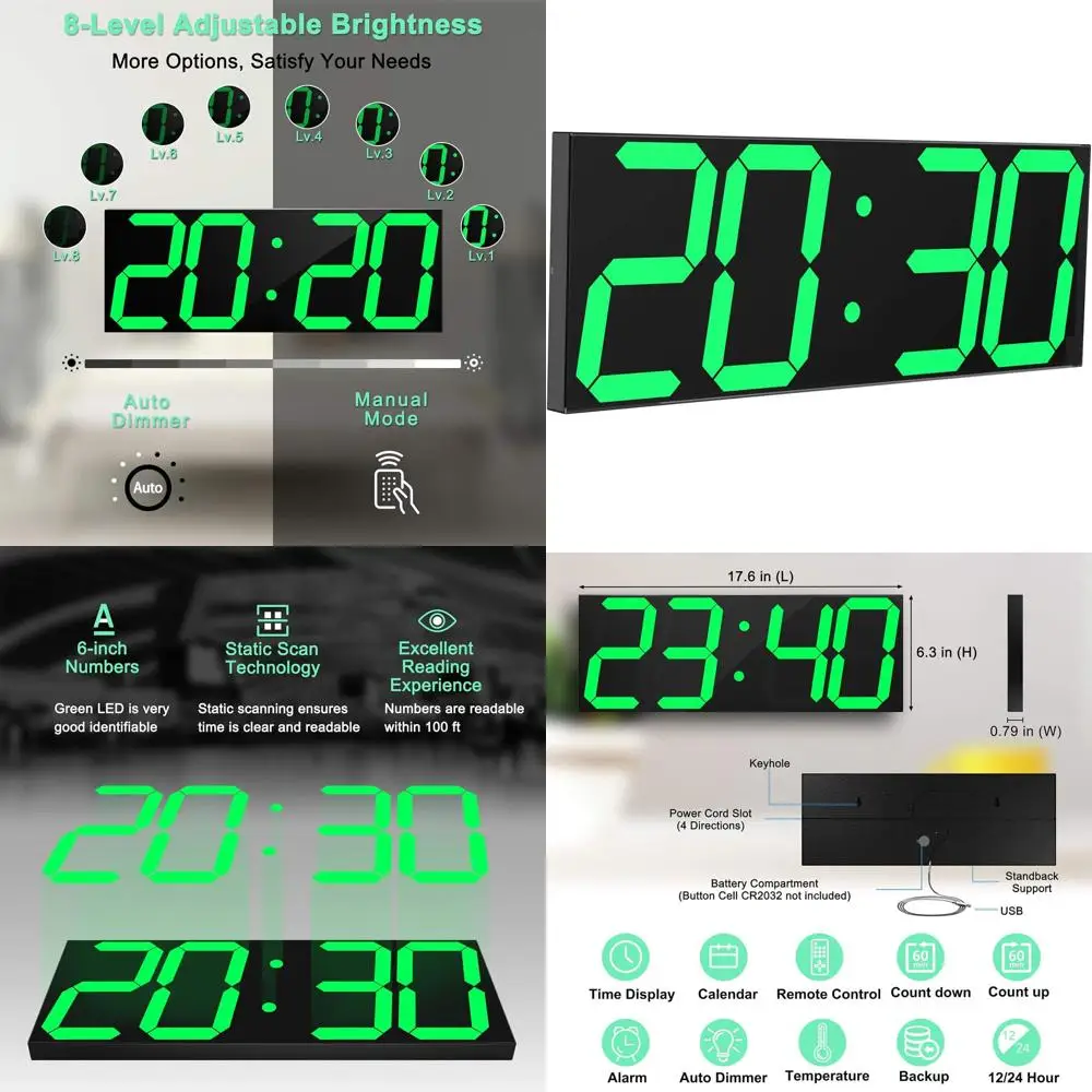 

Jumbo LED Wall Clock with 6 Numbers, Remote Timer, Auto Dimming, Calendar & Thermometer (Green)