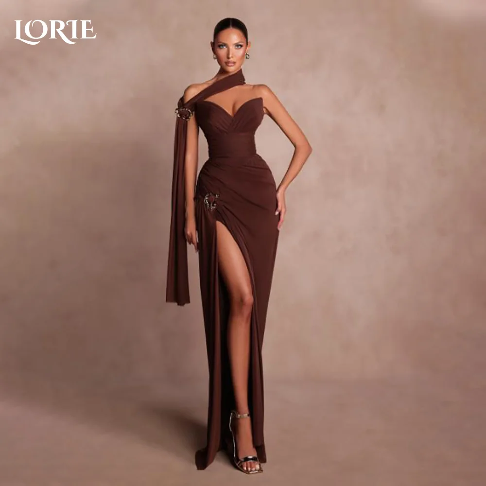 

LORIE High Collar Modest Lace Arabia Evening Dress Floor Length One Shoulder Mermaid Prom Dresses Pleats Party Gown Customized