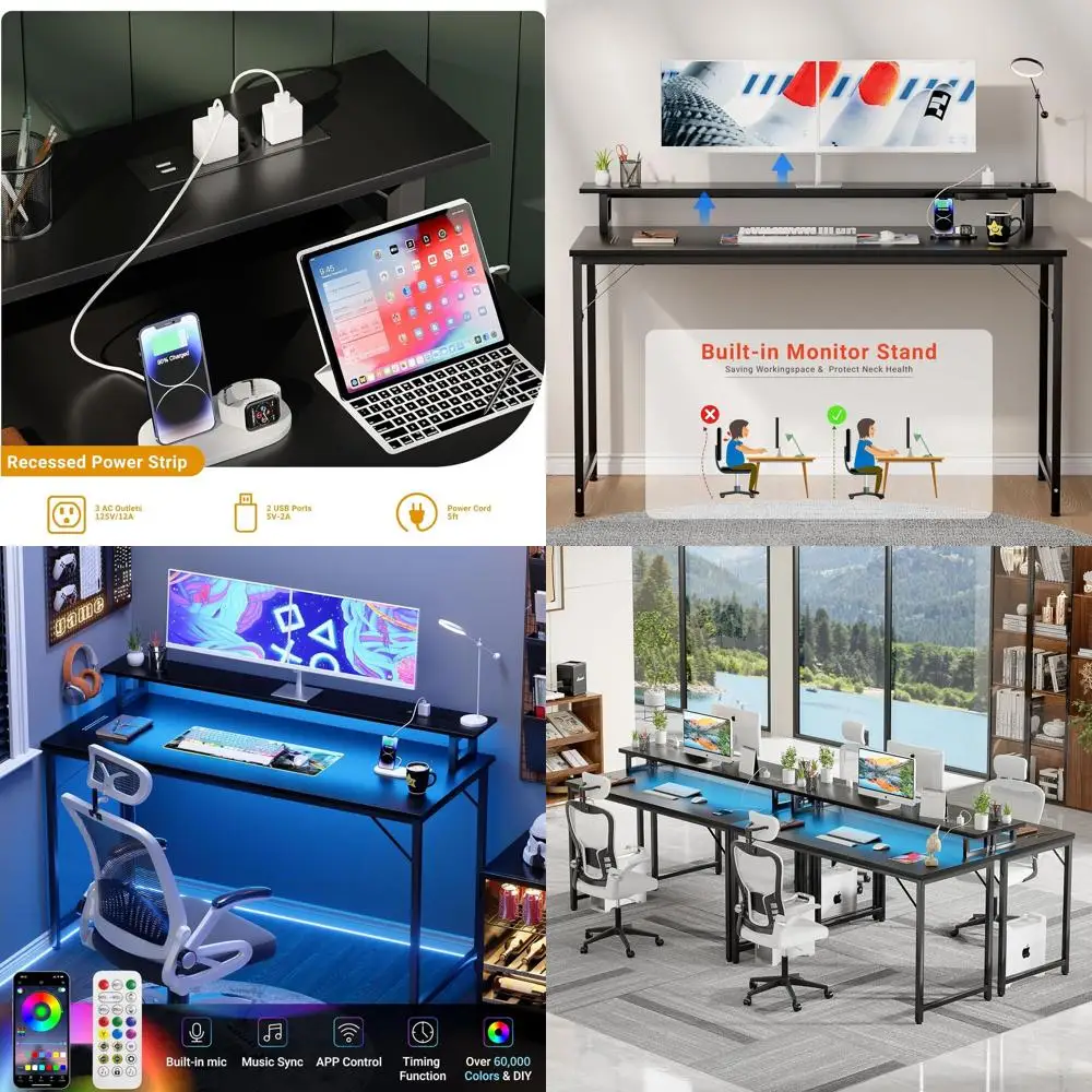 

Черный современный игровой стол 47, светодиодной подсветкой, розетками и полкой для монитора для домашнего офиса в небольших помещении