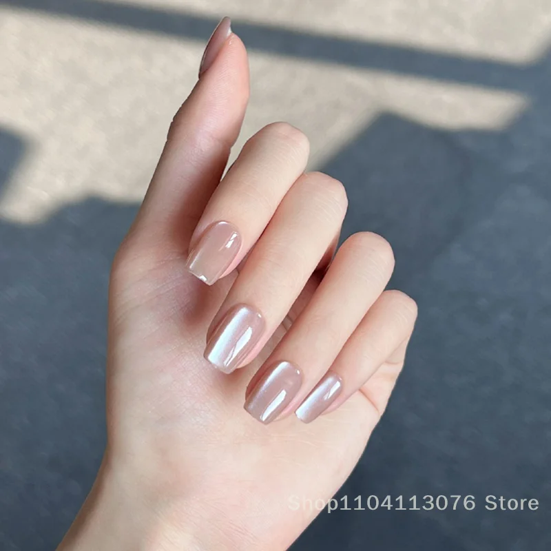 30 Pcs/Set Champagne Cat Eye Short Wear Nail Wide Light Ice Tea Milk Tea Ice Flash Pure Nude Cat Eye Wear Nail Hand Work