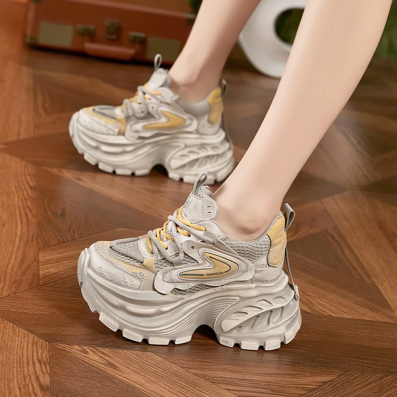 Women's 10CM Height Increasing Shoes Spring New Versatile Inner Height Increasing Women's Shoes Washed Shoes Casual Sports Shoes