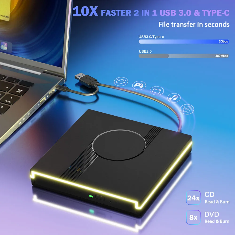 RGB External CD/DVD Drive for Laptop PC,USB 3.0 Type-C Portable DVD Player,CD Burner +/-RW Optical Drive for Windows10/11 Mac OS