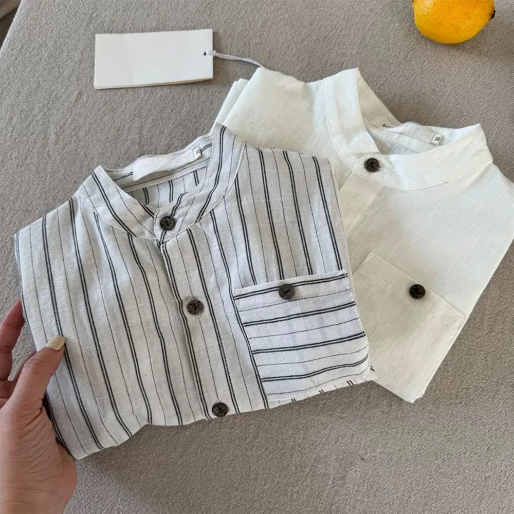2026 Korean Boys and Girls Summer Clothes Thin Style Stand Up Collar Striped Short Sleeved Shirt Summer New Cotton Shirt