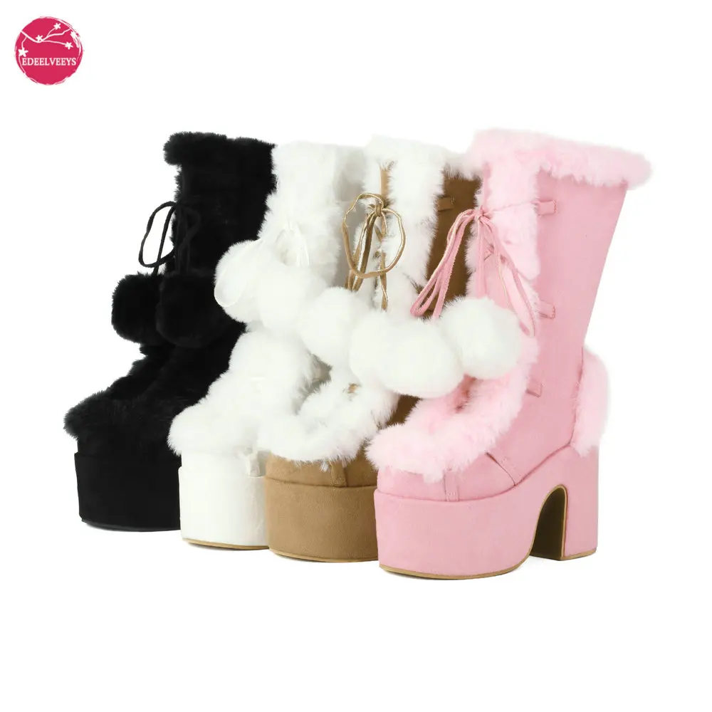 Lovely Lolita Mid-Calf Boots Women\'s Platform Thick Heels Sweet White Show Party Cosplay Ladies Fur Zipper Boots Pom-pom Pendant