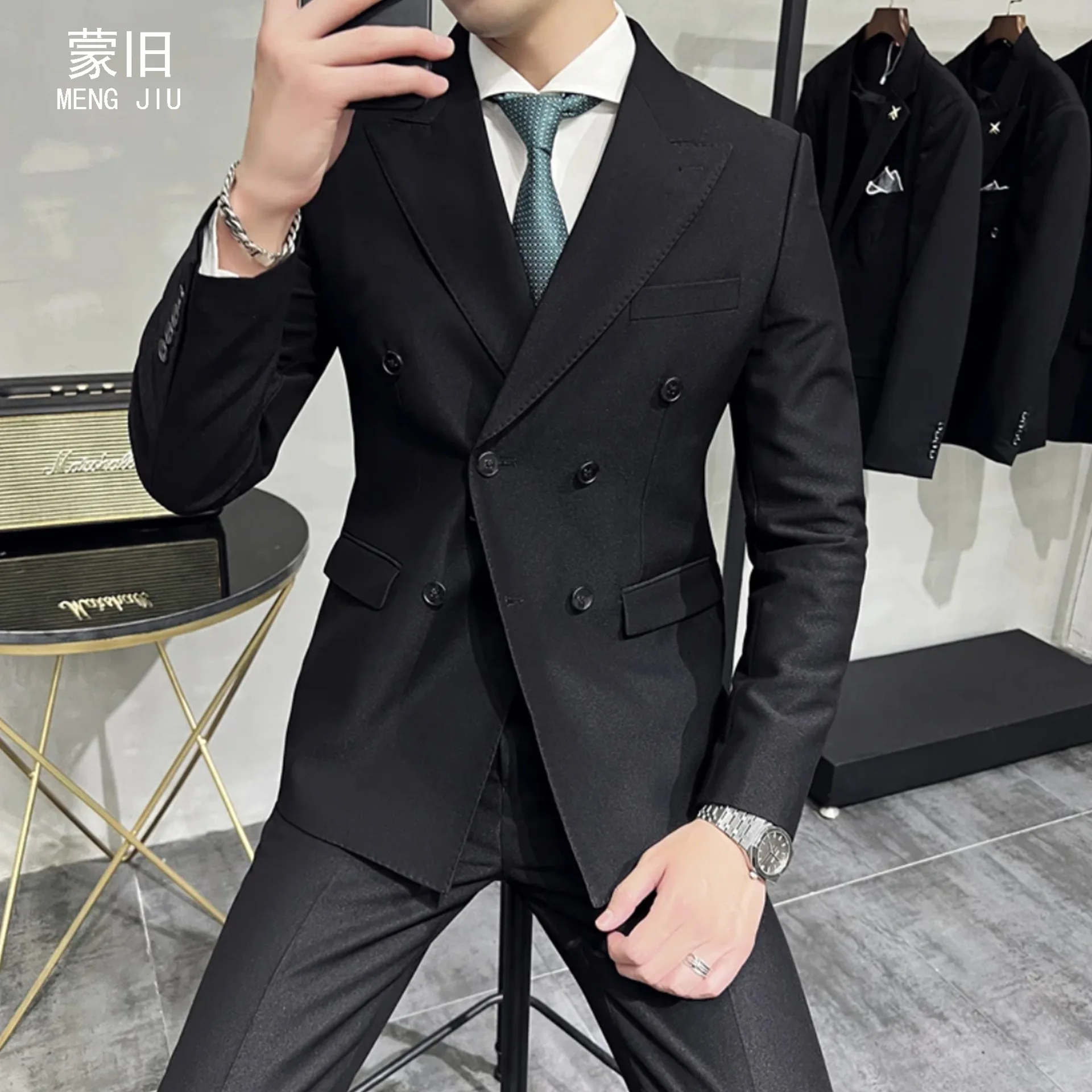 4-E14  Men\'s Double-breasted Suit Solid Color Fashion h-end Sense Bullheaded Suit BuCasual Korean Cross-border Wholesale