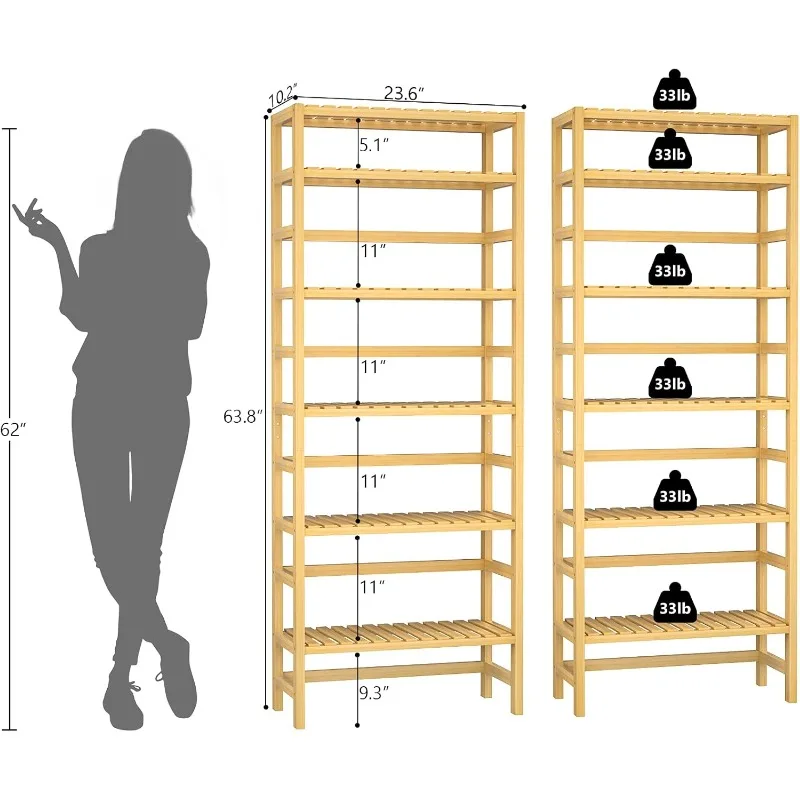 6-Tier Bamboe Boekenplanken, Verstelbare 63.4 "Hoge Ondiepe Boekenplank Organizer Rack, Vrijstaande Opslag Rekken