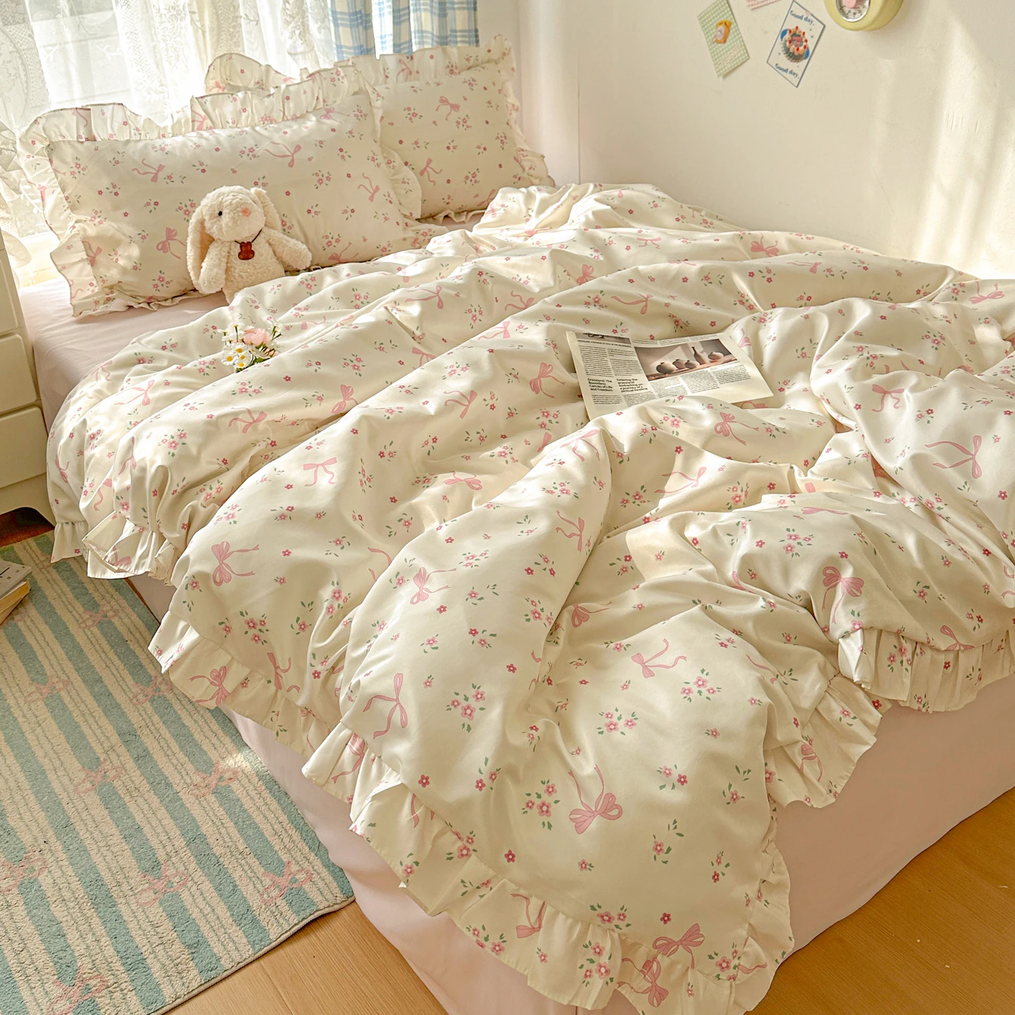 3pcs pink bow Duvet Cover Set (1*Duvet Cover + 2*Pillowcase, Without Core),Bedding Set