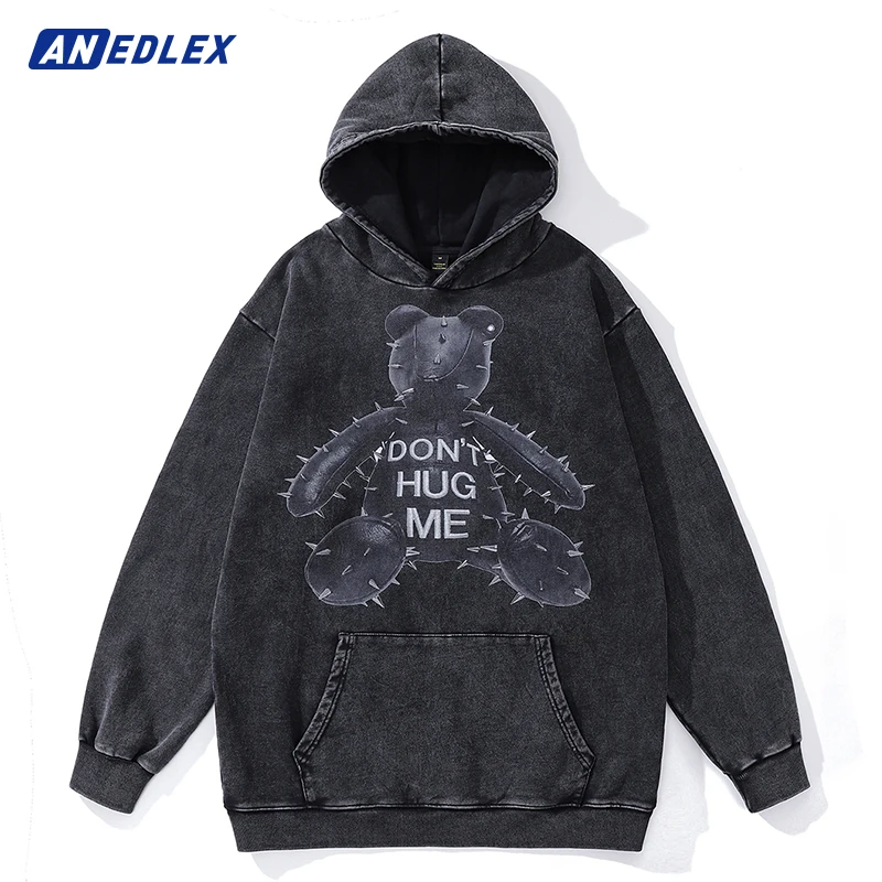 

Men Vintage Black Hoodie Sweatshirt Hip Hop Fashion Winter Streetwear Thorn Bear Graphic Hooded Pullover Harajuku Cotton Hoodie