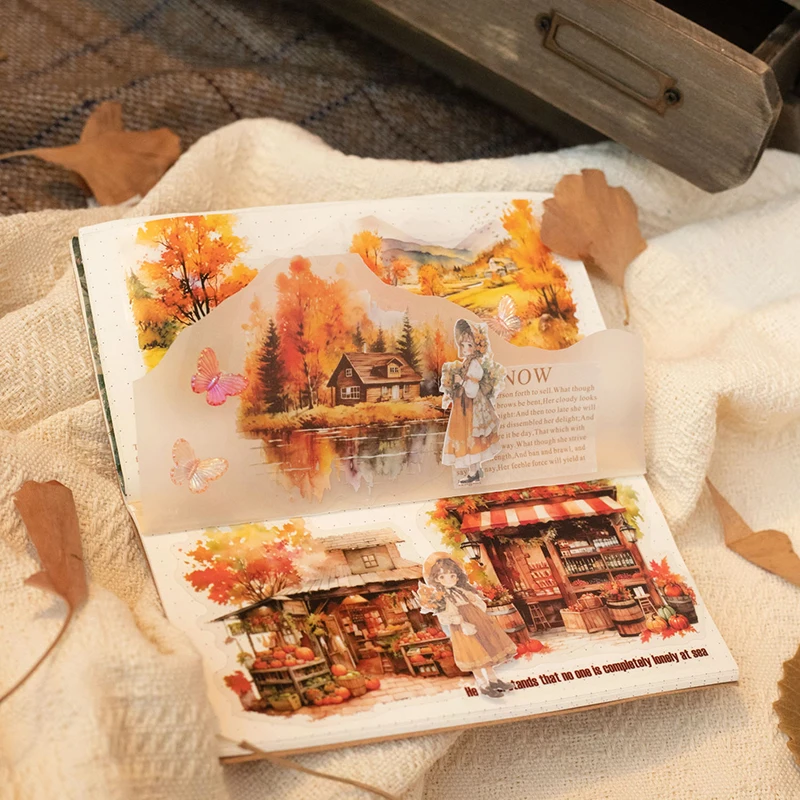 Journal GO 10pcs Autumn Leisurely Journey Aesthetics Landscaping Material Collage PET Sticker Creative DIY Journal Masking Tape