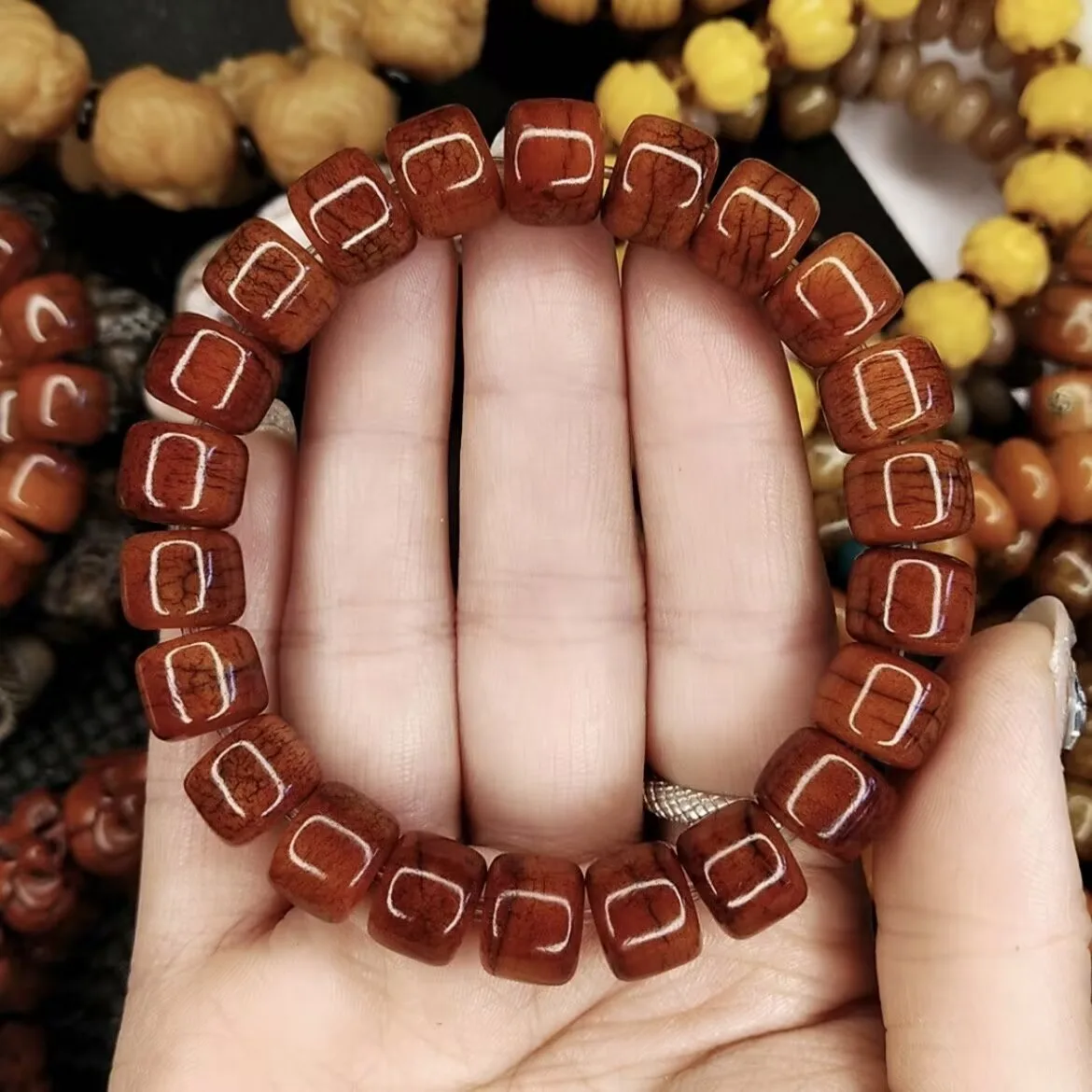 Chestnut Square Drum Bead Bracelet Vintage Crack Grain Blue Pattern Bead Unisex Wrist Ornament