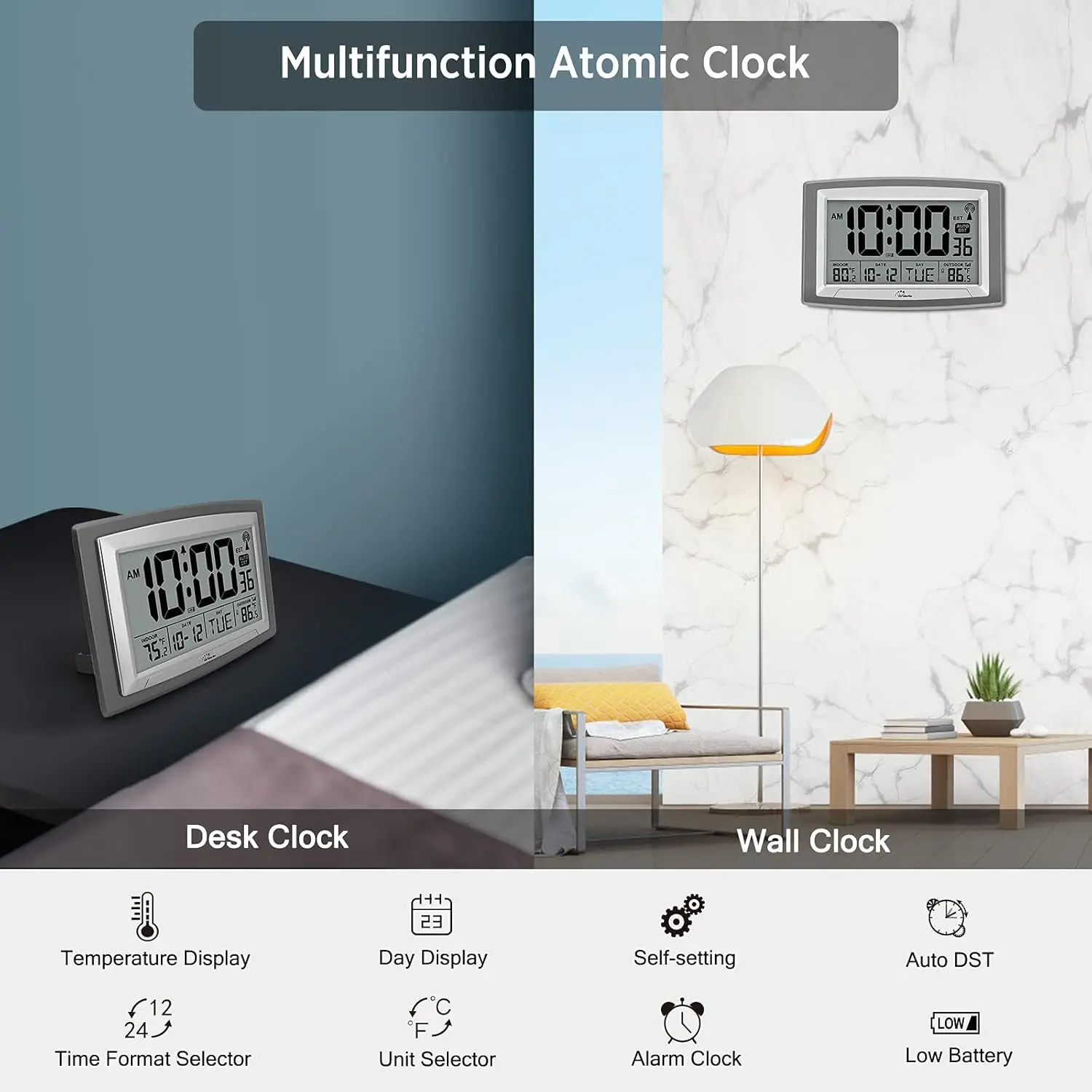 Atomic Clock with Outdoor and Indoor Temperature Self-Setting Digital Clock Large Display.