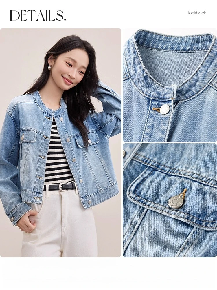 SENTUBILA Cotton Denim Jacket Women's 2025 Autumn Stand-collar Loose Long-sleeve Short Jacket Dropped-shoulder Tops W53WD3020