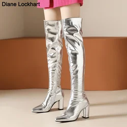 Woman Sexy Silver Mirror Thigh High Boots Pointy Toe Club Party Shoes Slim High Heels Over The Knee Long Boots For Women 42