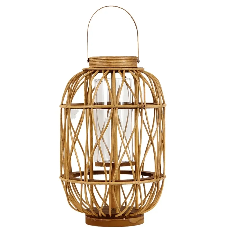 Nordic Handmade Rattan Lantern Retro Glass Windproof Candle Holder for Villa Courtyard Decor Custom Size