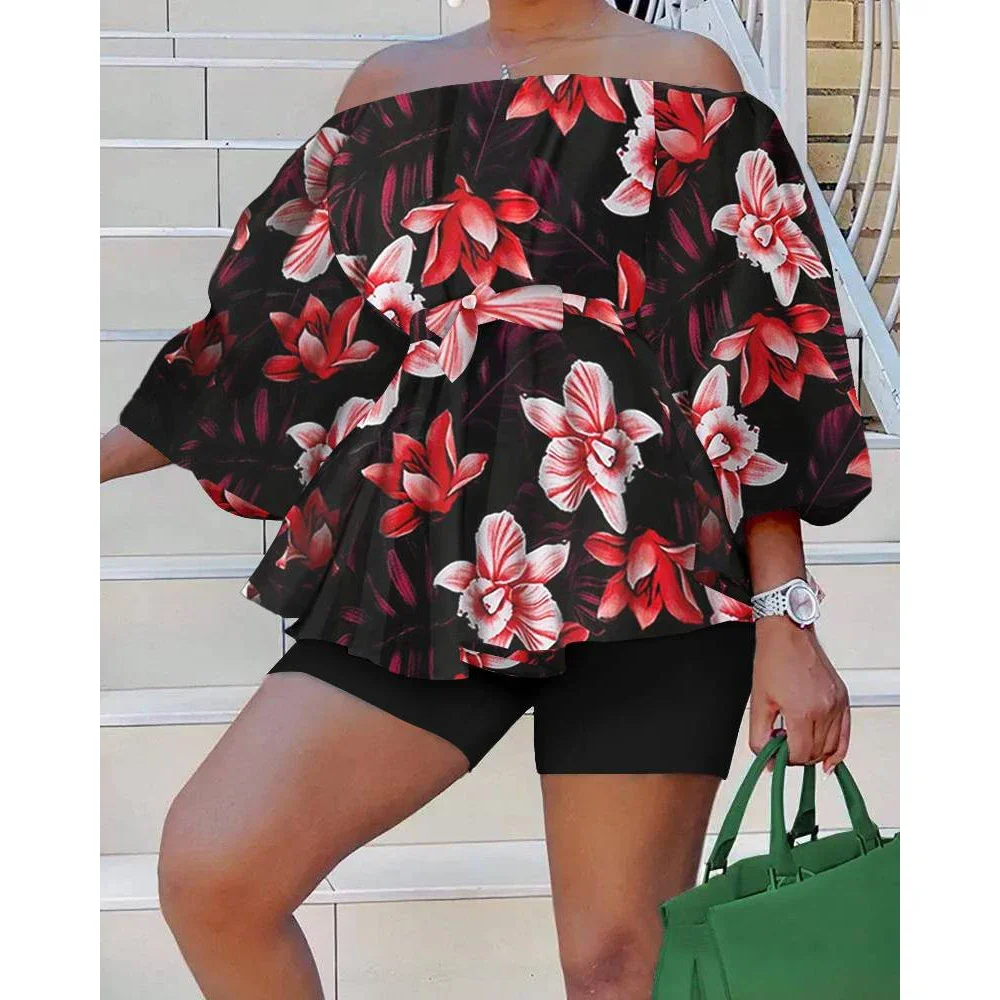 

Plus Size Summer Vacation Tropical Print Off Shoulder Tops Belted Two Piece Short Set for Women