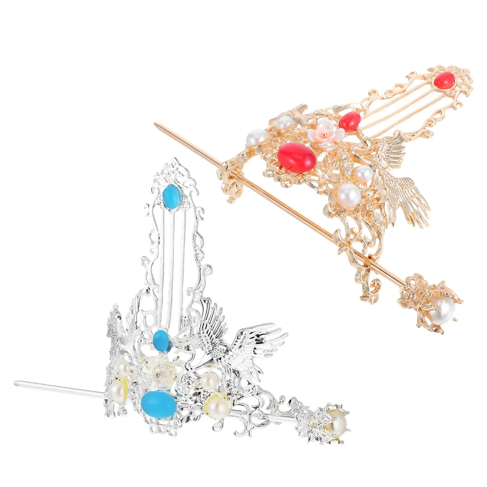 2Pcs Elegant Hanfu Hairpins Chinese Style Vintage Hair Crown Crane Motif Lightweight Alloy Asian Hair Accessories for Tea