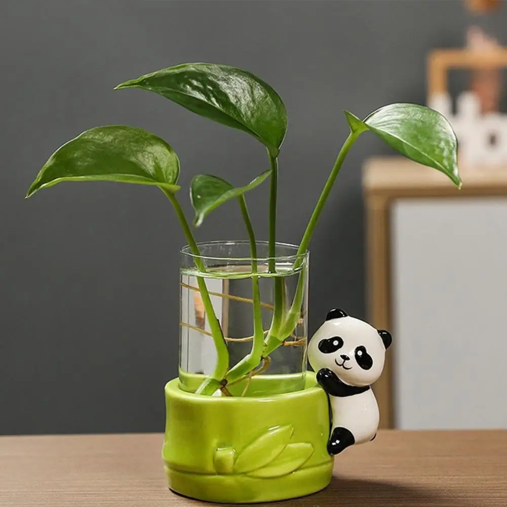 Desktop Glass Planter Vase Holder Small Cute Ceramic Panda Hydroponic Vase Decorative Flowers Plants Pot for Desk Table Centerpi
