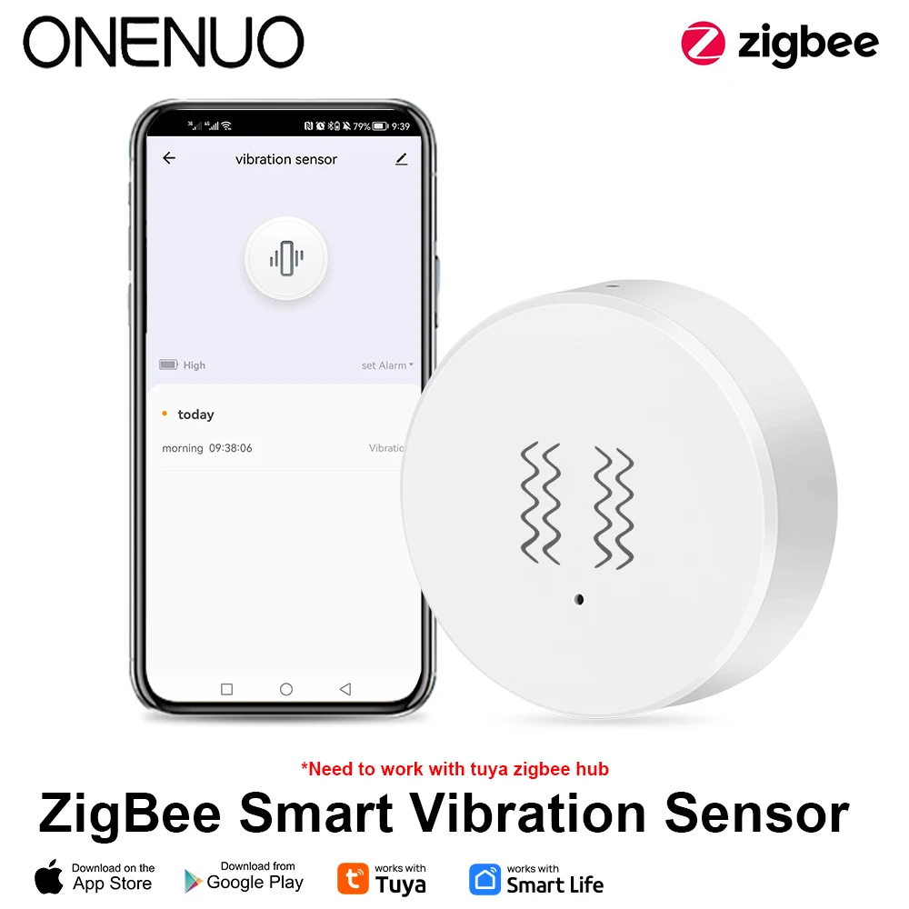 Tuya Zigbee Smart Vibration Sensor Detection Sensor SmartLife App Notification Real-Time Motion Shock Alarm Record