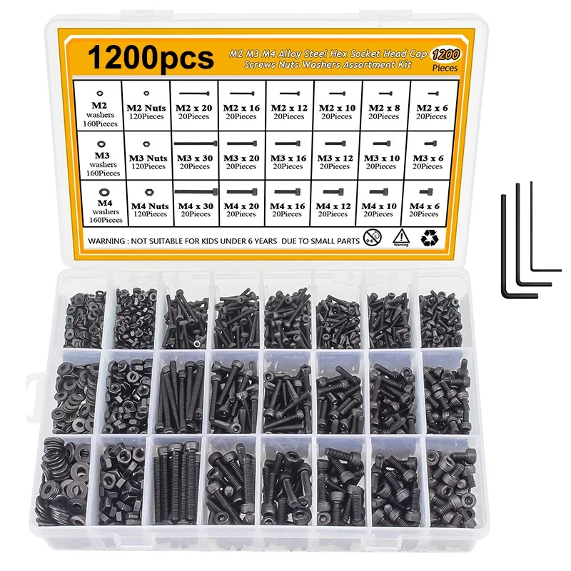 

1200Pcs Carbon Steel Screws Nuts and Washers Set Black M2 M3 M4 Hex Socket Head Cap Bolts Screws Nuts Washers Assortment Kit