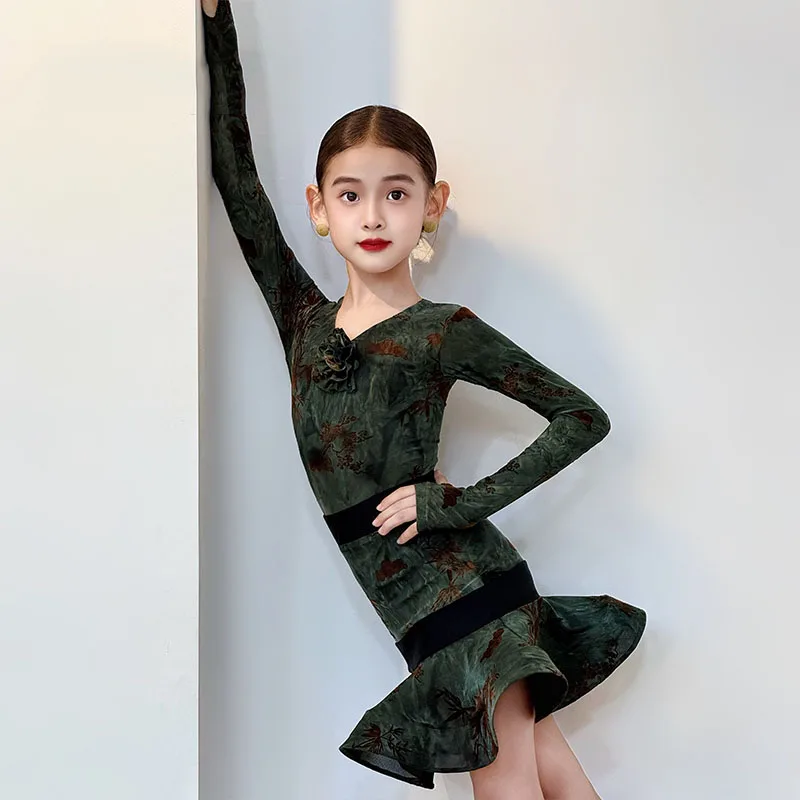 Dziecięce stroje do tańca latynoamerykańskiego dla dziewczynek, zielona sukienka z długim rękawem i fiszbinami, kostiumy do występów, odzież do ćwiczeń tańca cha-cha, DNV25775