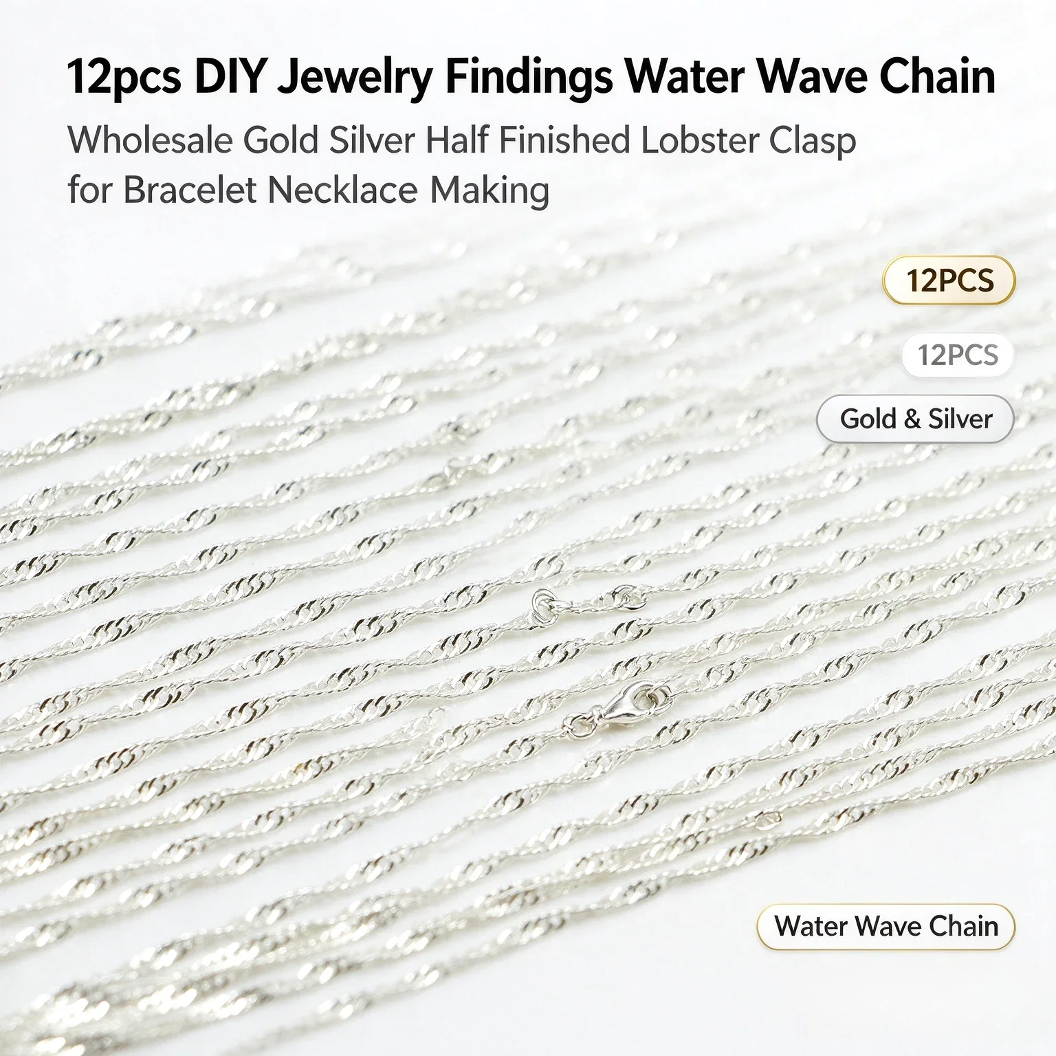 12pcs DIY Jewelry Findings Wholesale Gold Silver Half Finished Water Wave Chain Lobster Clasp for Bracelet Necklace Making
