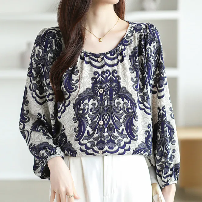 

Lantern Sleeve Loose Long Sleeve Blouse Women's Vintage Printed Pattern Fashion Round Neck Shirt Top