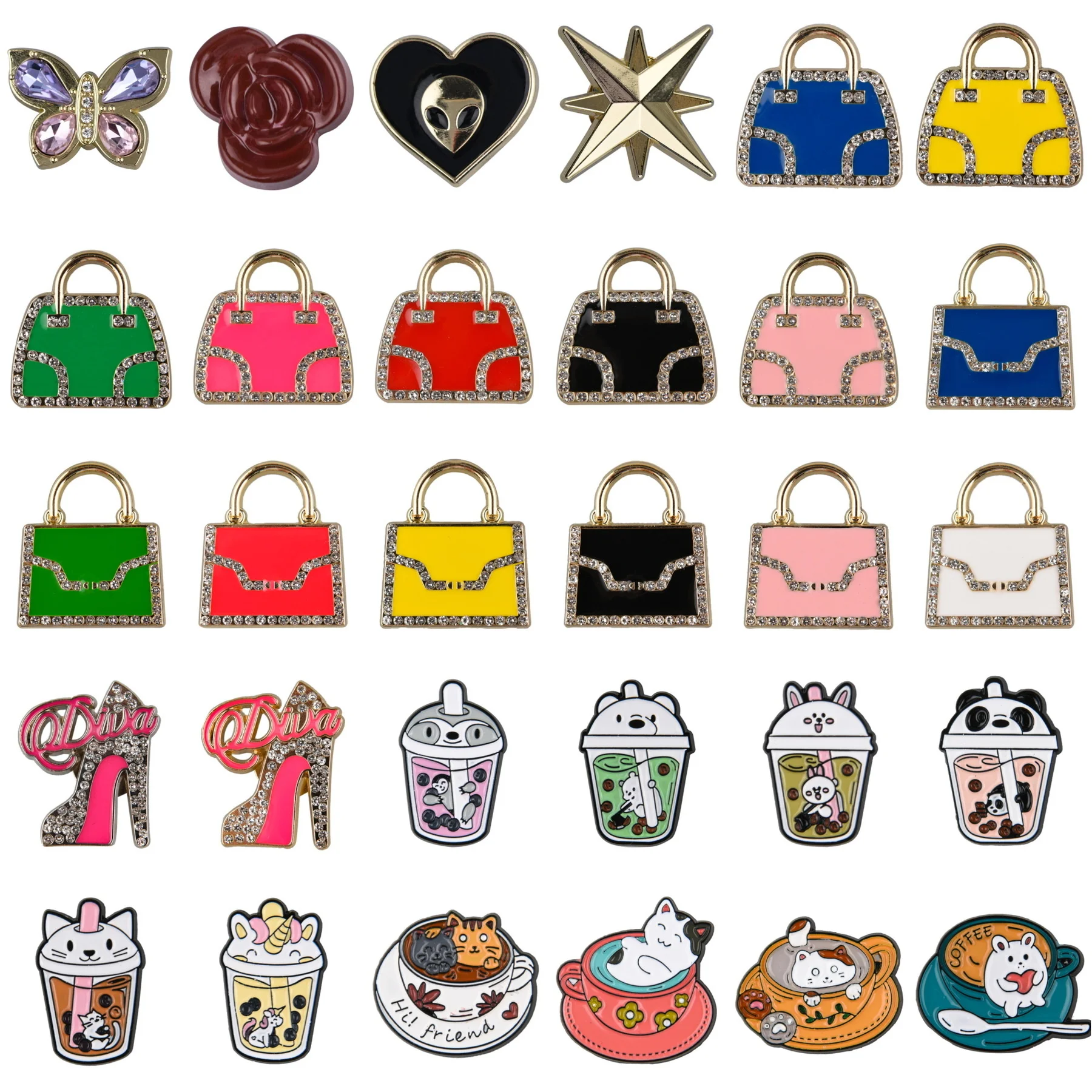 

New Brand Hand Bag Cat Cups Bubble Tea Metal Shoe Charms Colorful Bling Diamond Shoe Decorations Boba Pearl Clog Charms Gifts