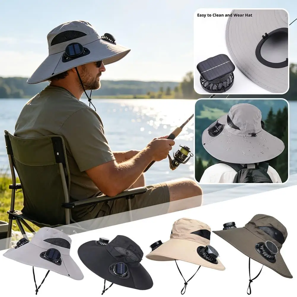 Solar Powered Double Fan Sun Hat 3 Wind Speed Adjustable Wide Brim Bucket Cap UV Protection Breathable Lightweight Cooling Hat
