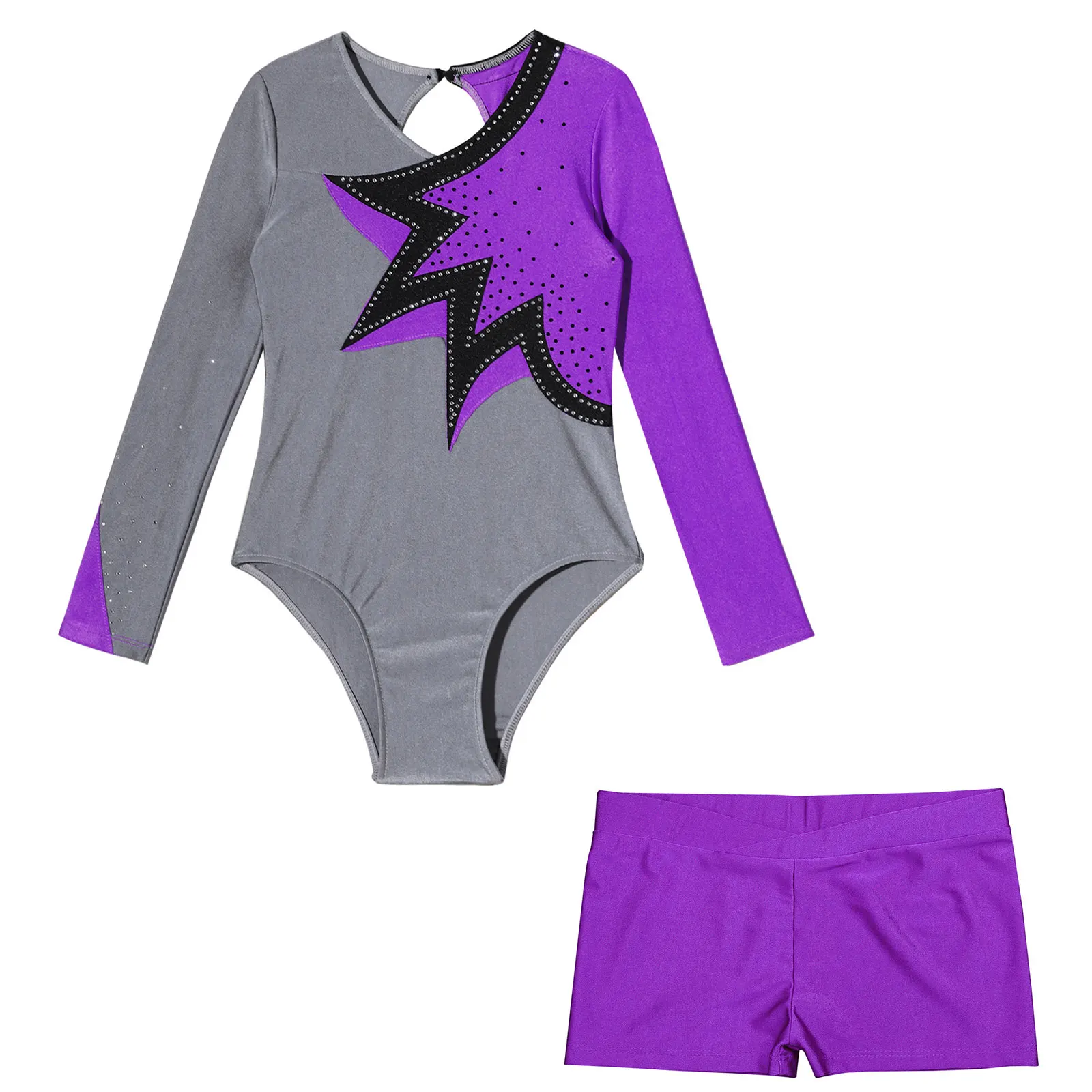 Kinder Mädchen Langarm Skating Bodysuit glänzende Patchwork Gymnastik Trikot mit Shorts Dance wear Sets für Tanz wettbewerb