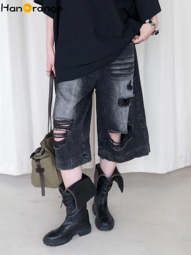 Capri Jeans Women 2026 Grunge Street Vintage Light Wash Ripped Denim Culottes Loose Wide Leg Distressed Ladies Cropped Jeans Y2K