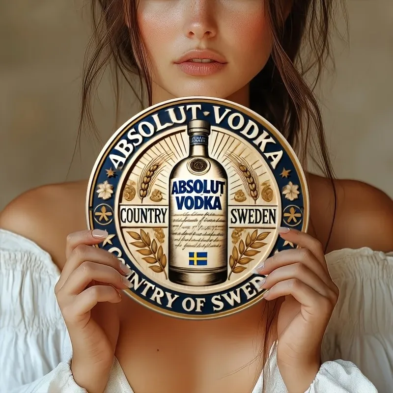 Tin Metal Signs 8x8 Rustic Wooden Sign - 'Absolut Vodka Bar' Round Wall Decor
