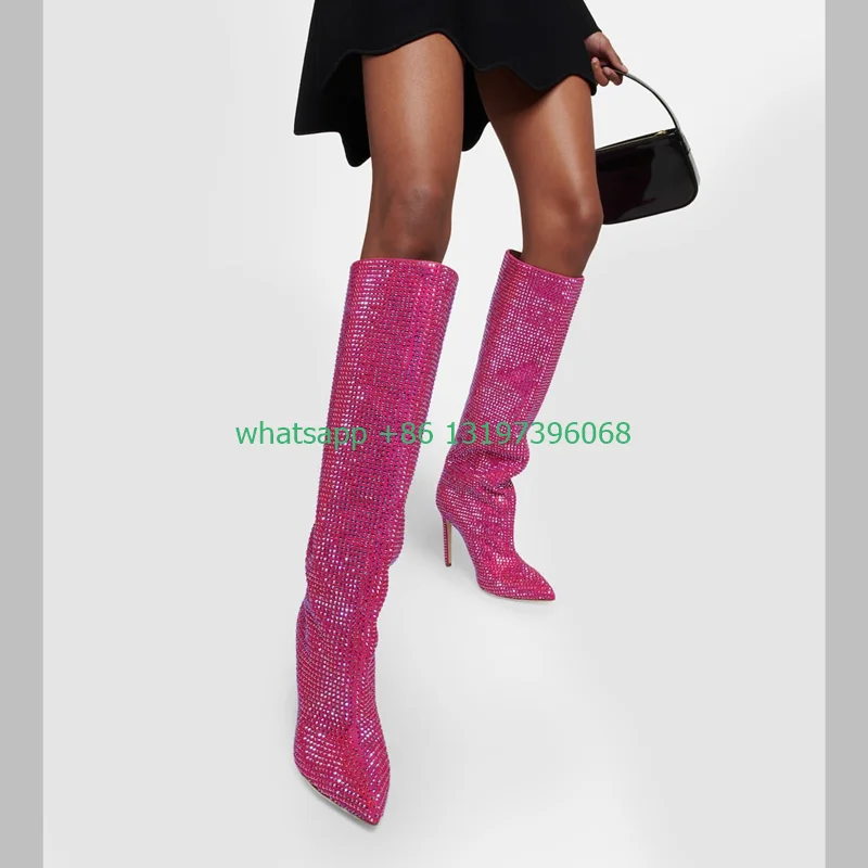 

Lady hott pink embellished knee-high boots pointed toe rhinestone design bling party high heels pumps boots demand boots size 46