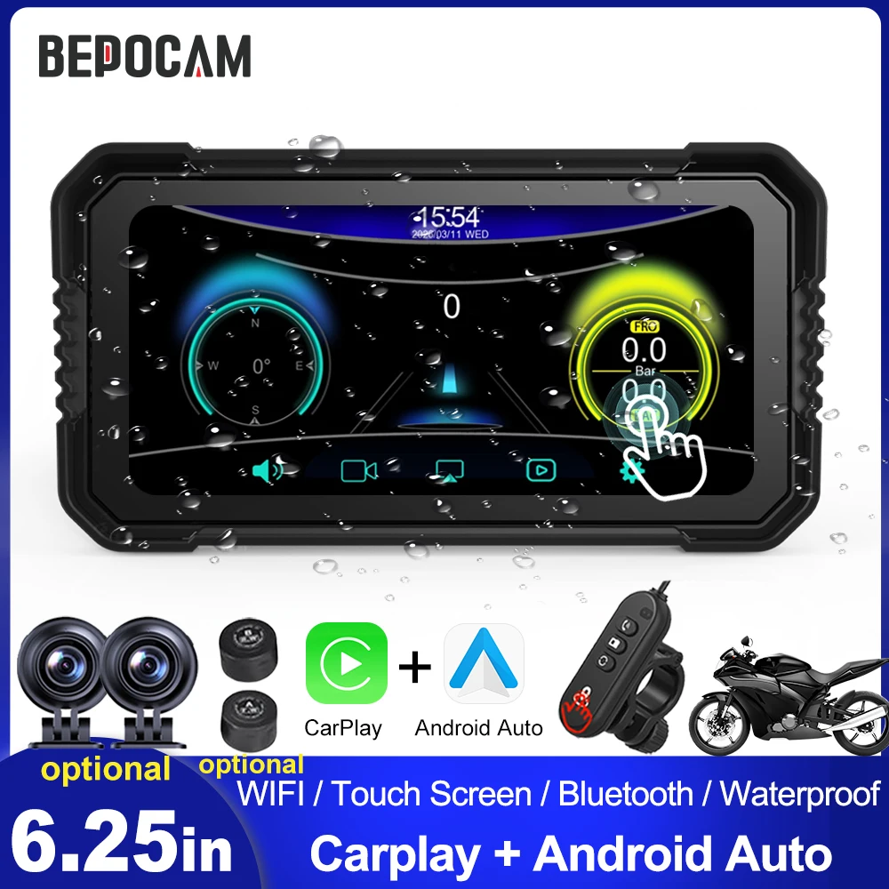 BEPOCAM 6.25inch Motorcycle DVR Navigation GPS Wireless Carplay Android Auto Airplay Display Screen Optioanl 1080P Camera Moto