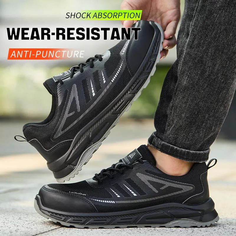 أحذية Leandun الرجالية الآمنة لجميع المواسم قابلة للتنفس ومريحة ومتينة ومقاومة للصدمات ومقاومة للثقب