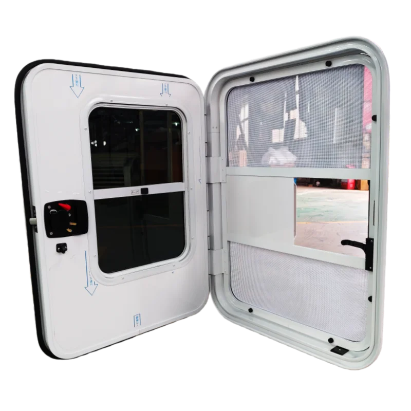 White Camper Trailer Door With Tempered Glass Lift-up Window Anti-theft Stainless Steel Mesh Inner Door 650*800mm Custom Sizes
