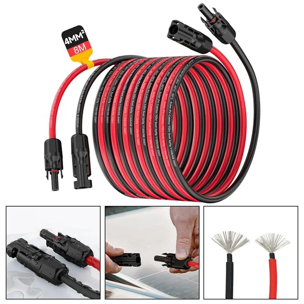 2 PCS Solar Cable 4 Mm²  8 M With Sockets And Cable Plug,12 IP68 Waterproof Solar Cables For Solar Square Cars