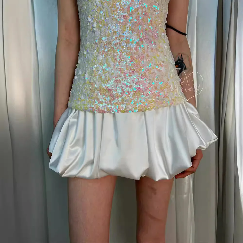 

Summer Low Waist Wrinkled Satin Texture A-shaped Puffy Bud Skirt Women's Mini Skirt