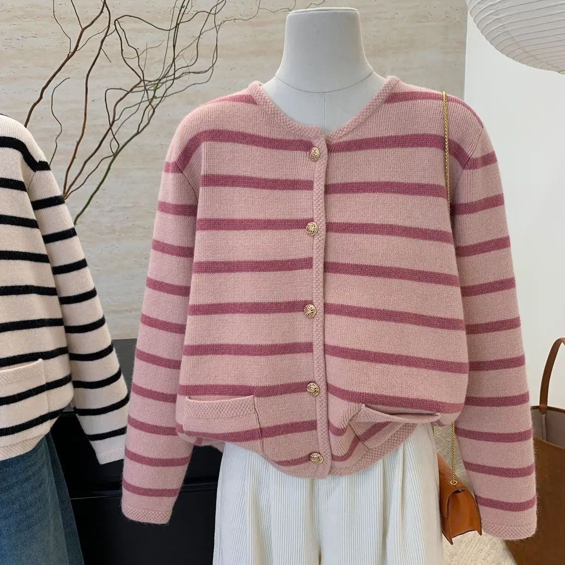 

Small Fragrant Style Striped Knitted Cardigan for Women Spring and Autumn Contrasting Color Round Neck Long Sleeve Loose Top