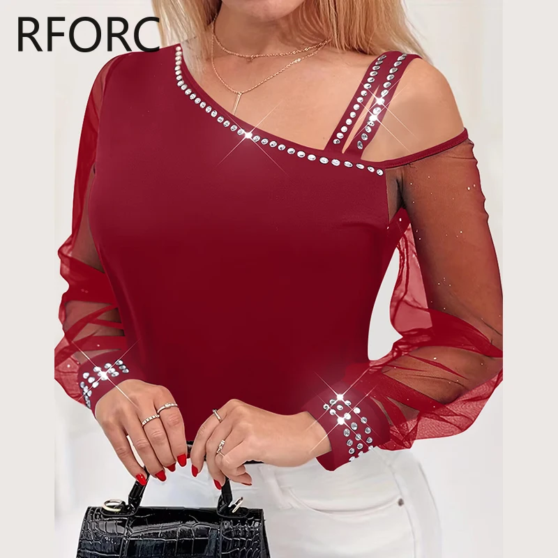 Blusa informal de malla con hombros descubiertos para mujer, Top con decoración de diamantes de imitación, 2024