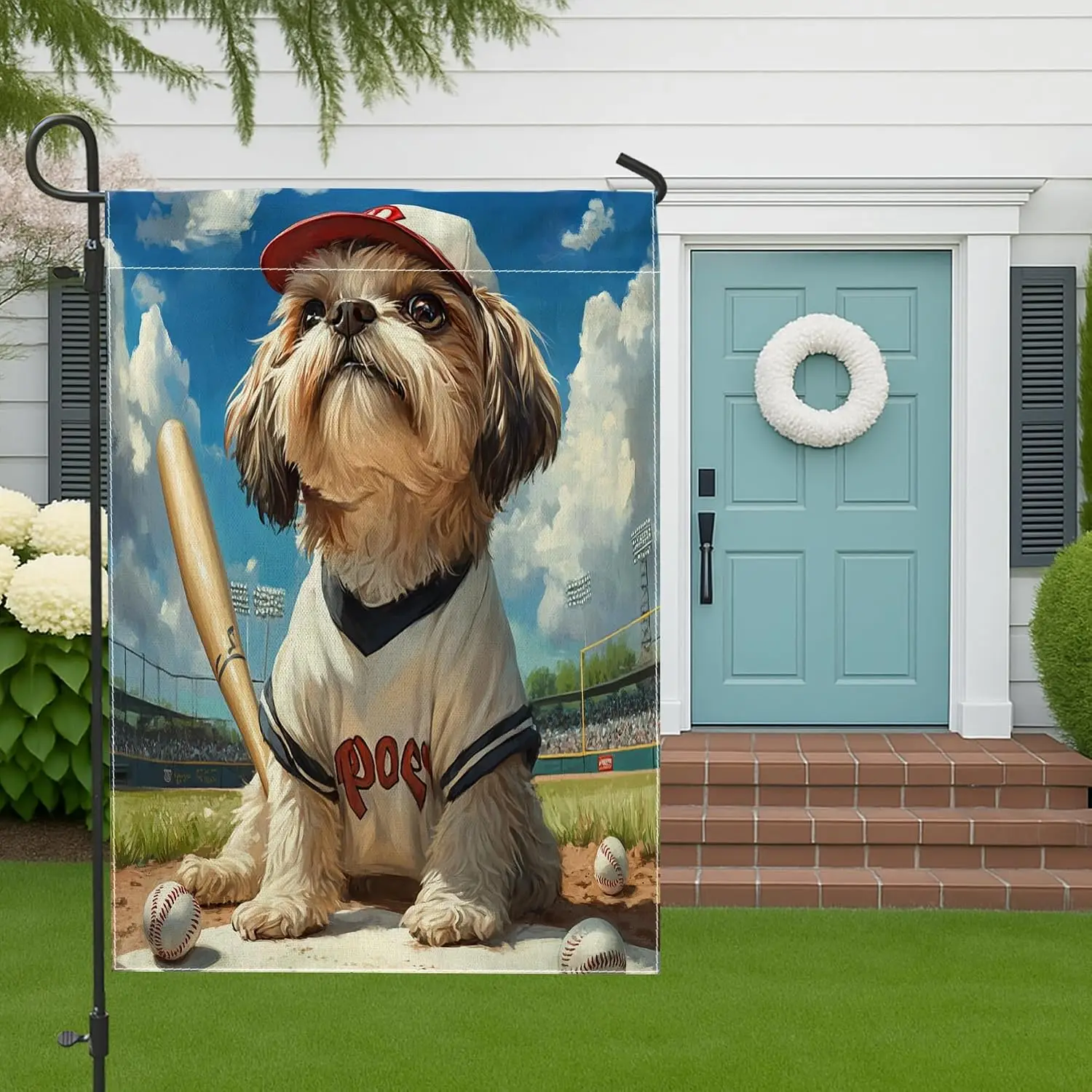 Funny Shih Tzu Dog Garden Flags 12x18 Inch Double Sided for Outside, Baseball Sport Puppy Pattern Standard Canvas House Flag MMZ
