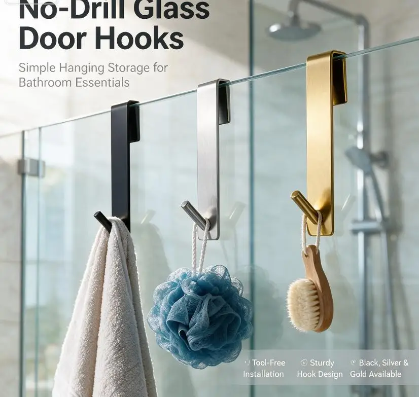 S-Shaped Over Glass Door Shower Towel Rack Stainless Steel Durable Waterproof for Household Bathroom Door Hanging Use