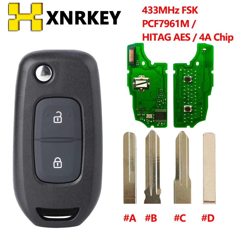 XNRKEY FSK 433MHz PCF7961M 4A Chip Flip Remote Key Fob  for Renault Dacia Logan 2 Logan II 2018-2020 Replacement Car Key Shell