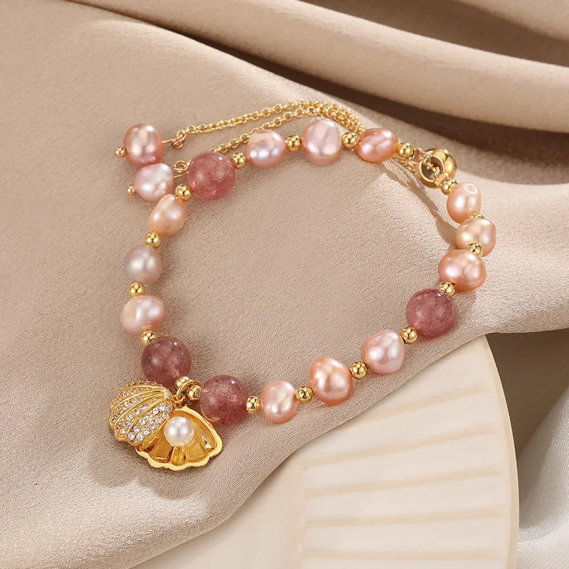 100 % rosa Süßwasserperle und Erdbeerquarz, trendiges Muschel-Design, 14 Karat Gold gefüllt, weibliche Charm-Armbänder für Frauen, Geschenke – Detail 2