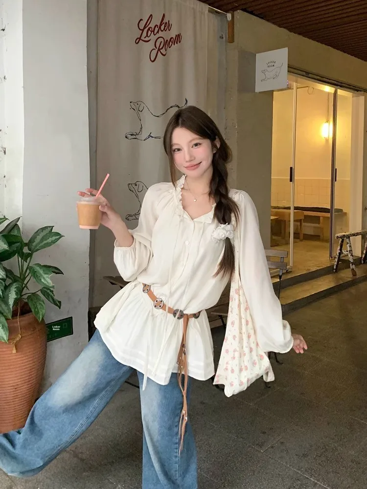 

French Style Long Sleeve V-Neck Drawstring Sun Protection Shirt Women Early Autumn Travel Outfit Waist Cinching Beautiful Top