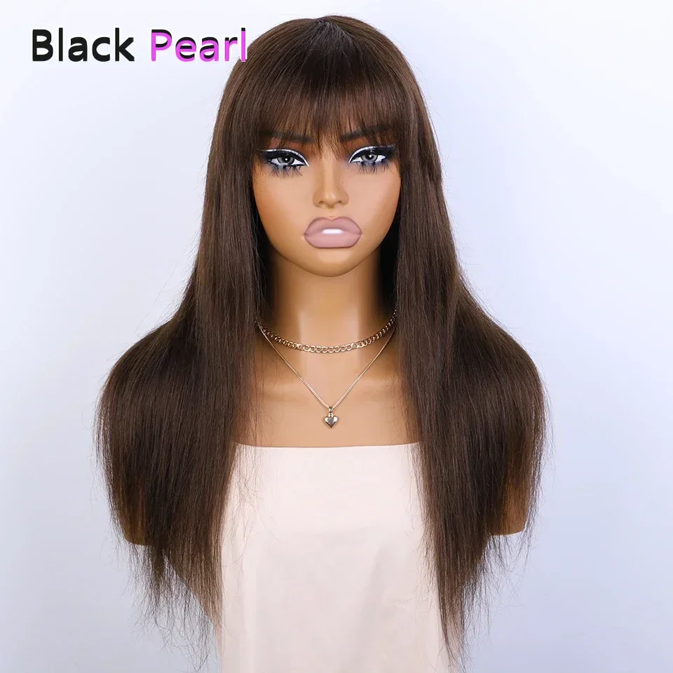 

Peruvian Straight Human Hair Wigs With Bangs Brown #4 100% Remy Long Human Hair Wigs Full Machine Human Hair Wig For Women